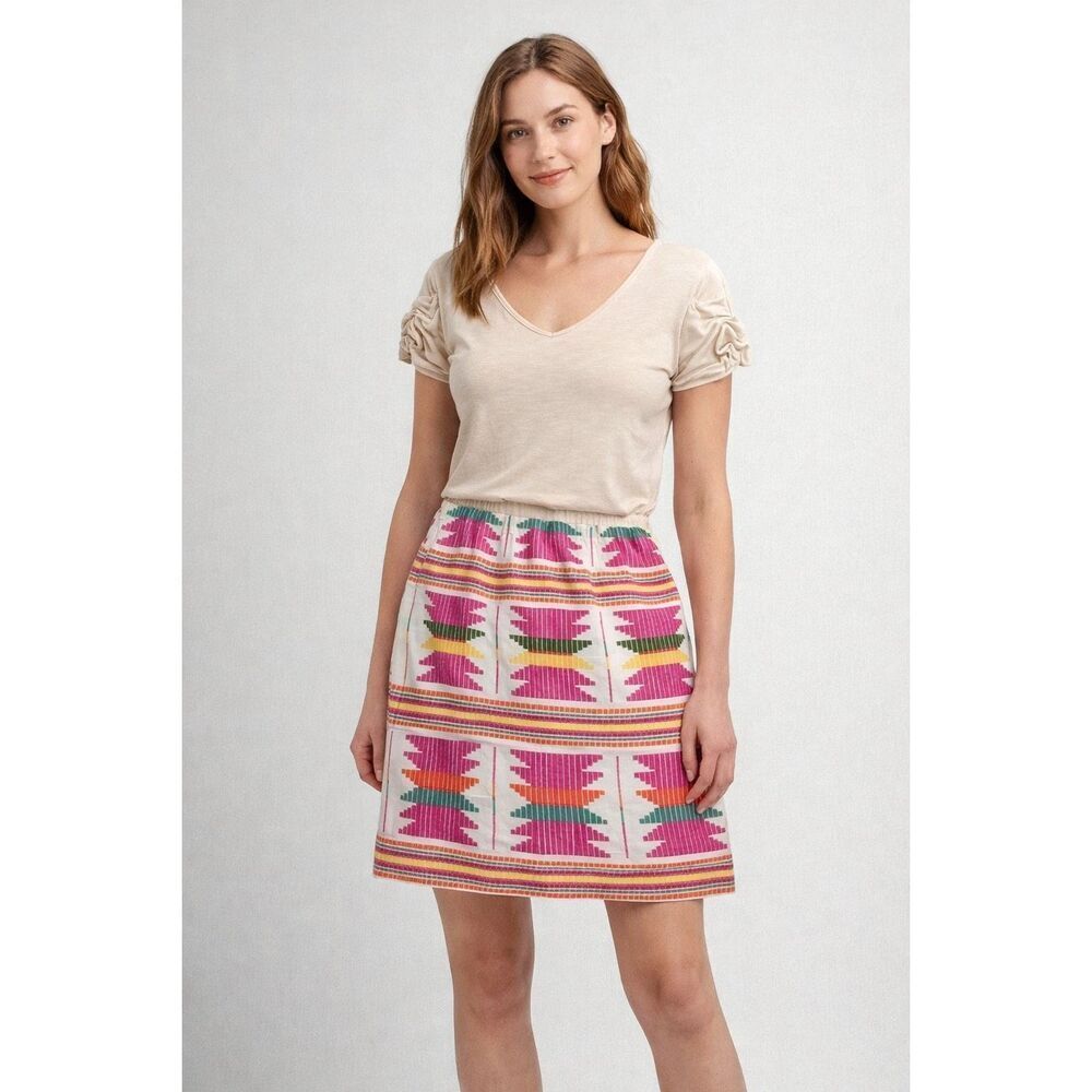 Freeway Women M Beige Boho Dress Multicolor Pattern Short Sleeve